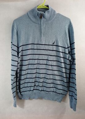 Nautica 1/4 Zip Pullover Sweater Gray Blue Striped Long Sleeve Men's Size M